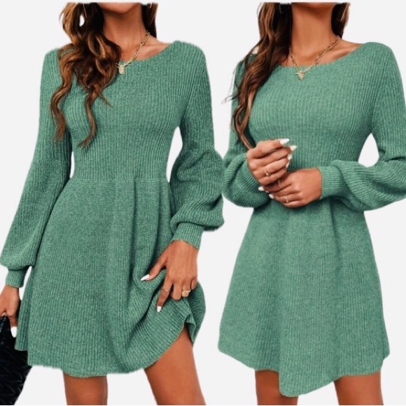SHEIN Classic Solid Ribbed Knit Lantern Sleeve Sweater Dress In Green Sz Small - Picture 2 of 6